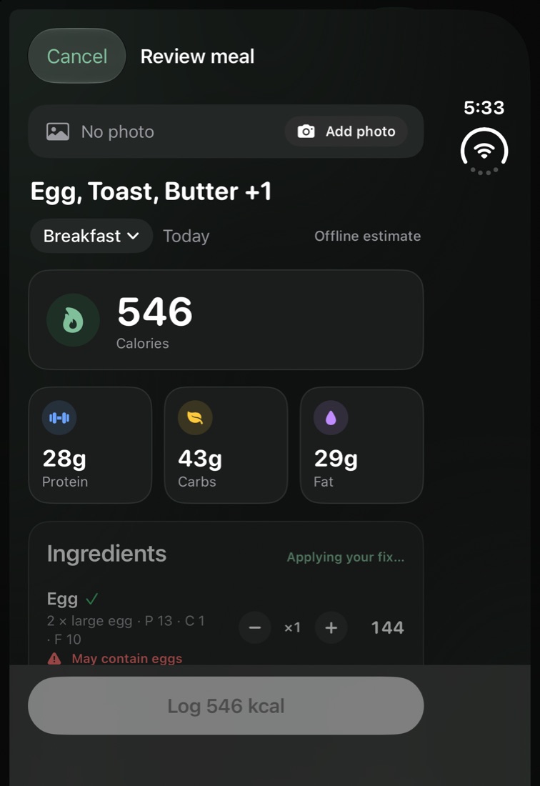 iPhone Duo closed: meal review with an allergen flag